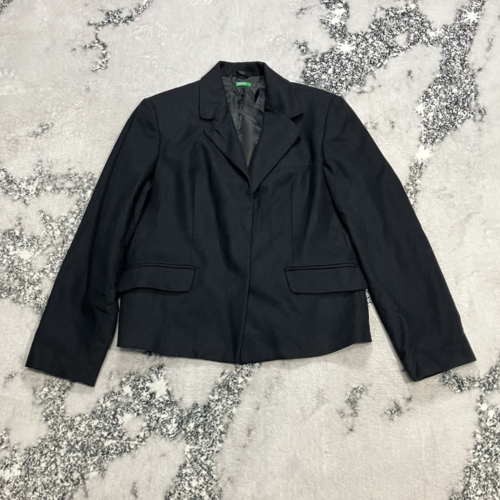 Benetton Wool Blazer Womens IT 46 US 10 12 Black Made in Italy Tailored Jacket